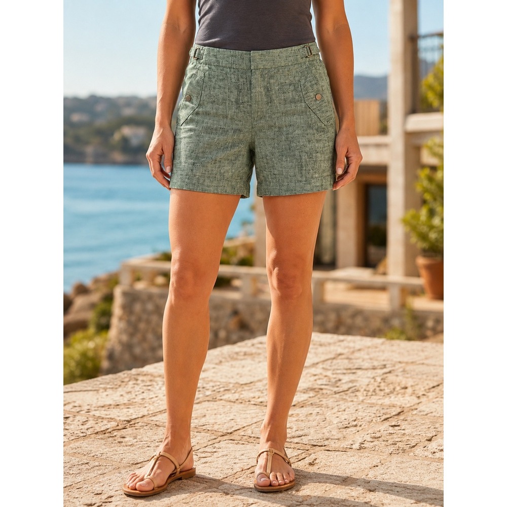 Athleta Heathered Green 100% Linen Shorts Adjustable Waist Size 10